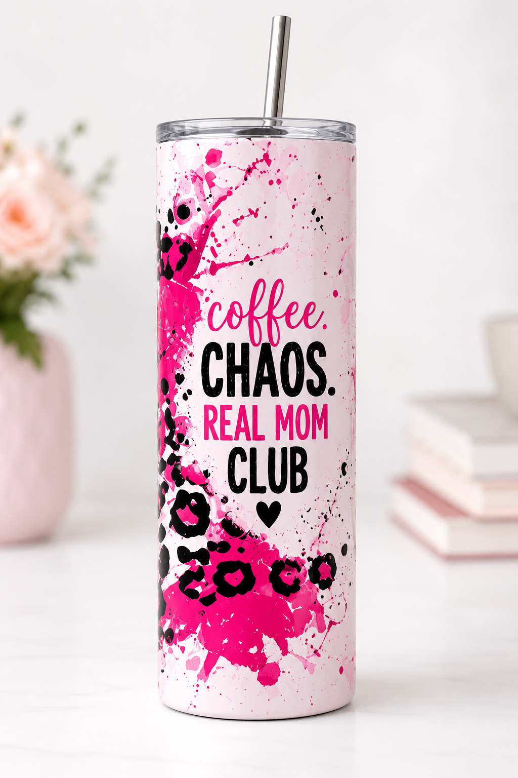 Coffee Chaos Real Mom Club tumbler front view