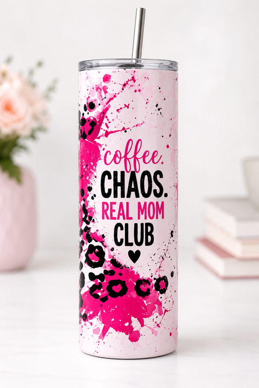 Coffee Chaos Real Mom Club tumbler front view